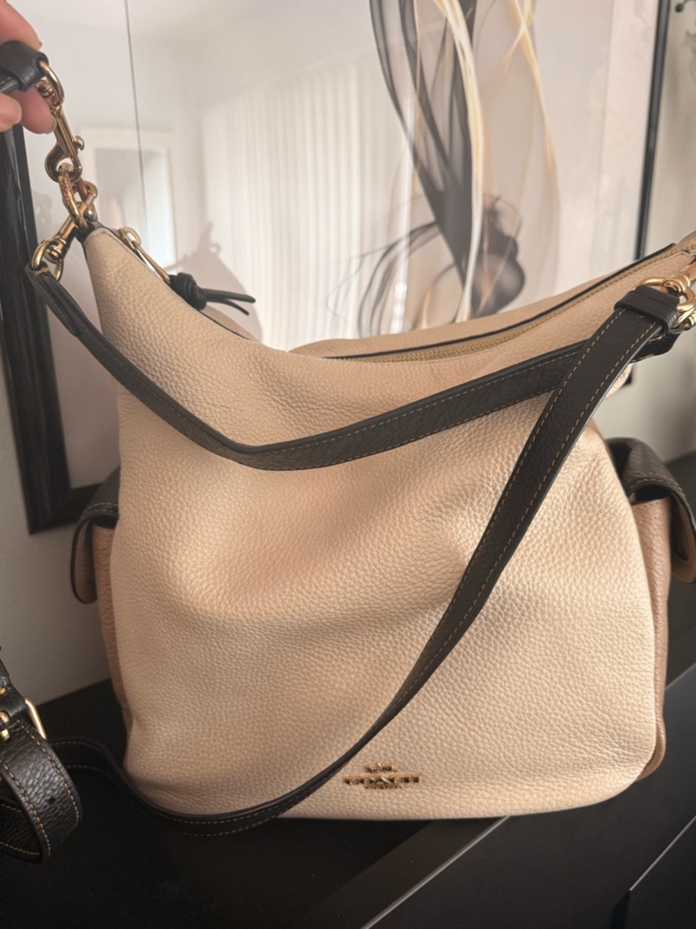 Coach Pebbled Leather Shoulder Bag in Chalk with Brown Trim